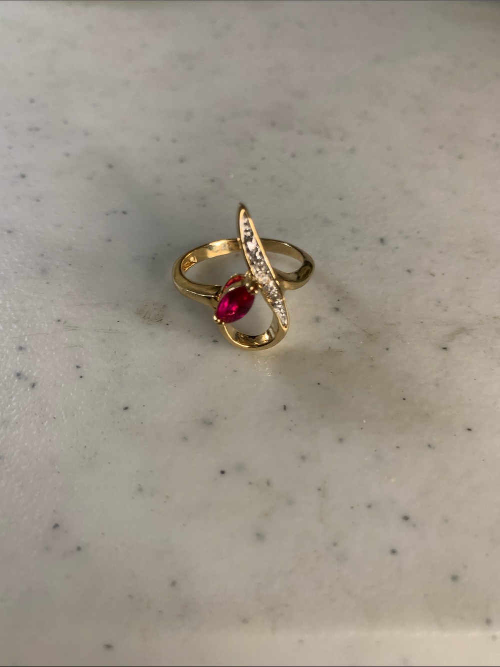 Yellow Gold Ring with Red Ruby Gemstone and Clear Accents